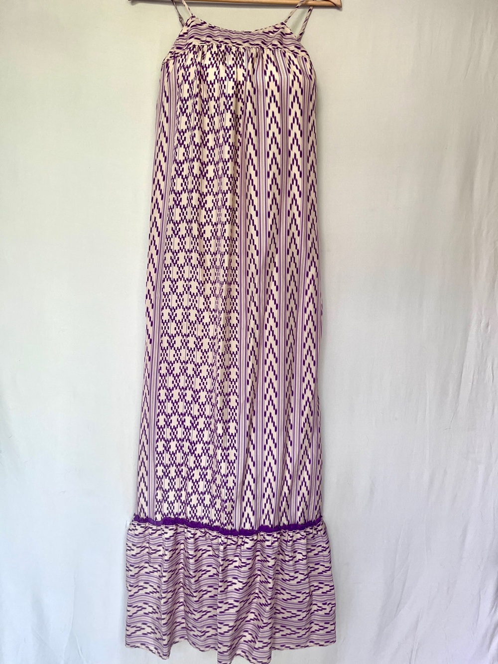 Cynthia Vincent 100% Silk Printed Maxi Dress Purple Cream Boho Column Dress